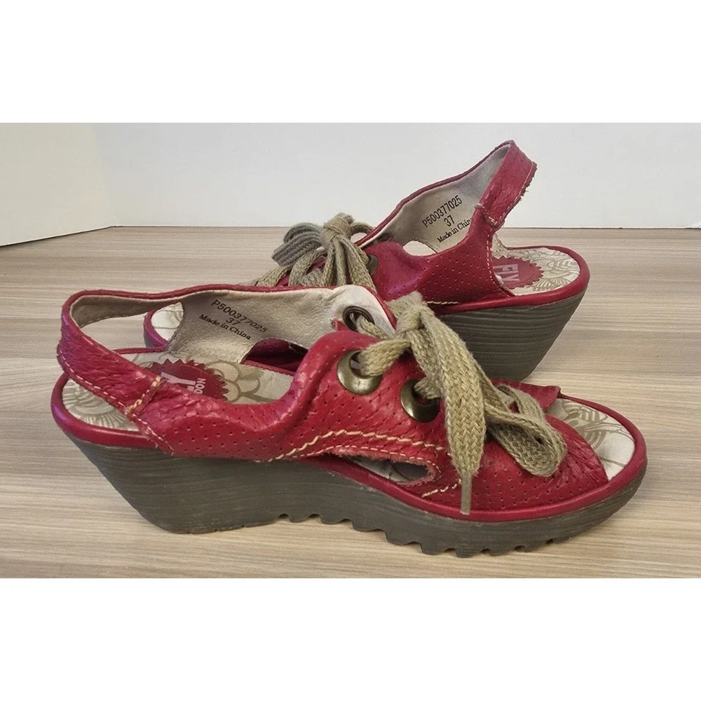 Fly London Yito Women Sz‎ 37 Red Patent Leather Wedge Open Toe Sandals US Sz 6.5